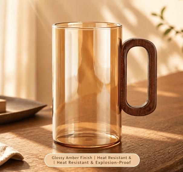 Amber High Borosilicate Glass Coffee Mug with Walnut Wood Handle Heat Resistant Direct Fire Safe Drinking Water Cup 350ml 301-400ml золотой
