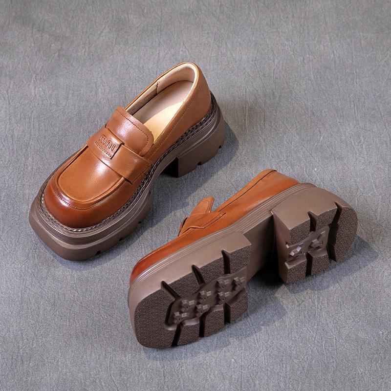 

Женские лоферы из первого слоя коровьей кожи, новинка осени 2025, кожаные, на толстой подошве, ретро, женские туфли-маффины на одном ремешке 40 коричневый