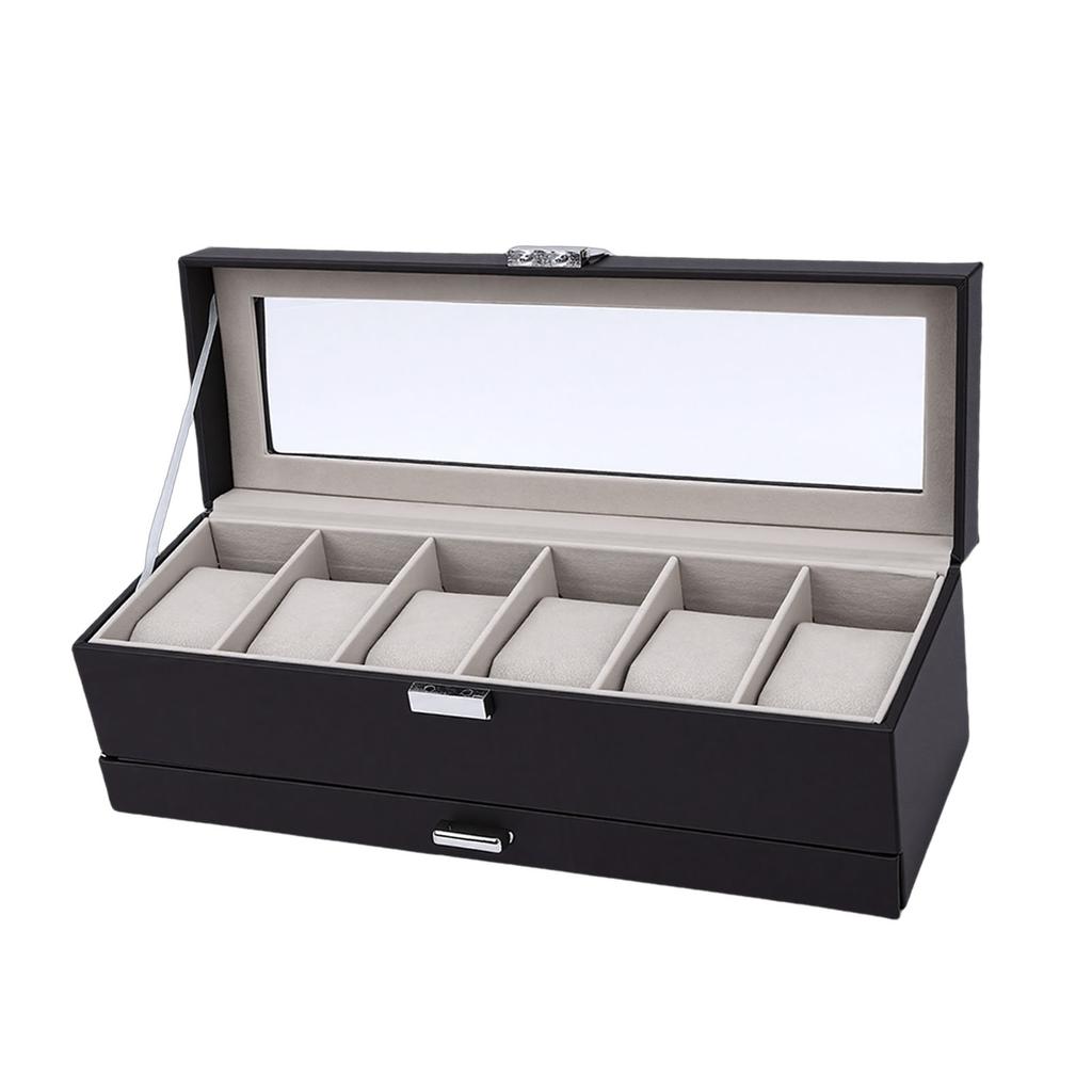 Watch Box 6 Slot Watches Display Case 2 Layer Jewelry Organizer Storage Holder Organizer Black