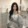 Sexy Off Shoulder Sweatshirts Women Vintage Y2k Oversized Gray Jersey Tops Korean Style Pullovers Letter Printed Casual