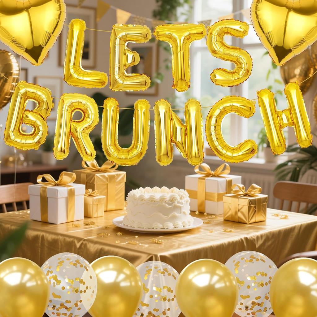 Lets Brunch Letter Banner Balloons - Gold Brunch Themed Decor Dessert Table Sign, Engagement Birthday Bachelorette Party Decorations