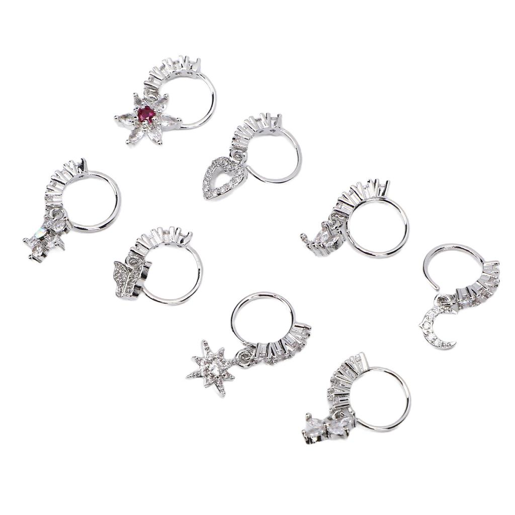 8pcs Hanging Nose Ring Flower Star Heart Pendant Dangle Nose Ring Fashion Jewelry for Women Silver Inner Diameter 8mm