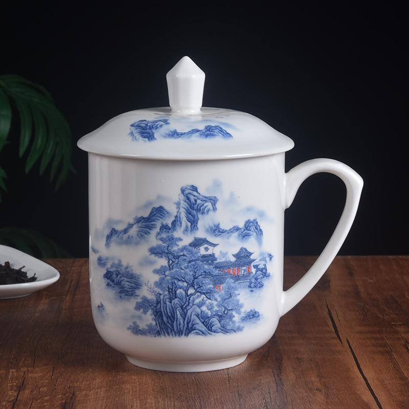 Ceramic teacup 900ML large-capacity office cup conference cup with lid gift cup set household water cup