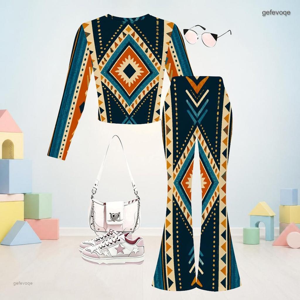 Girls Geometric Printed Round Neck Long Sleeve Crop Top And Flared Pants Two Piece Set