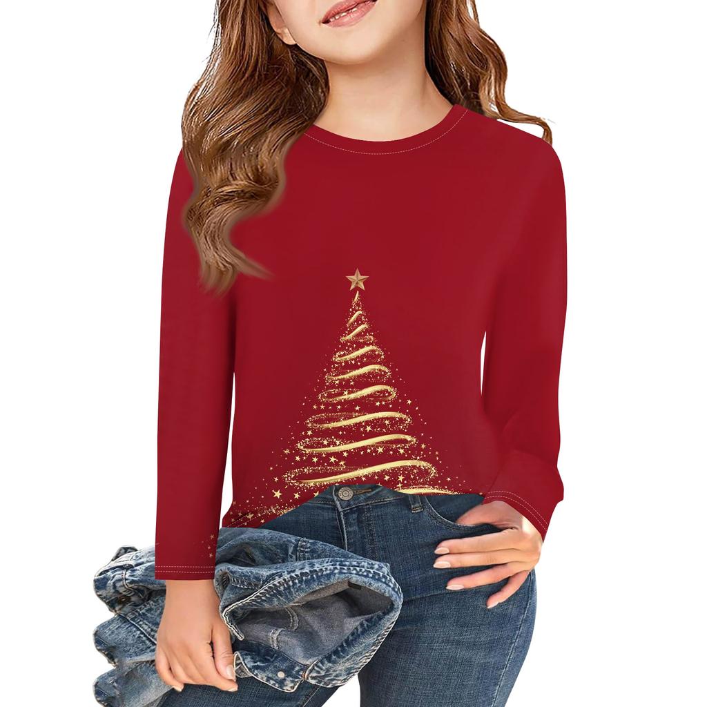 Christmas Day Girls Long Sleeve T Shirts Kids Fall Tops Crewneck Printed Basic Tees