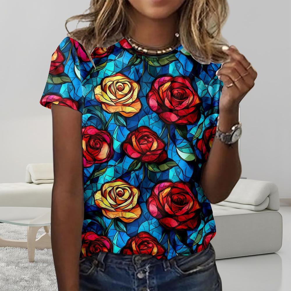 Floral Comfortable Stylish Simple Cartoon Short Sleeve T-Shirt Women's Digital Printing Slim Top