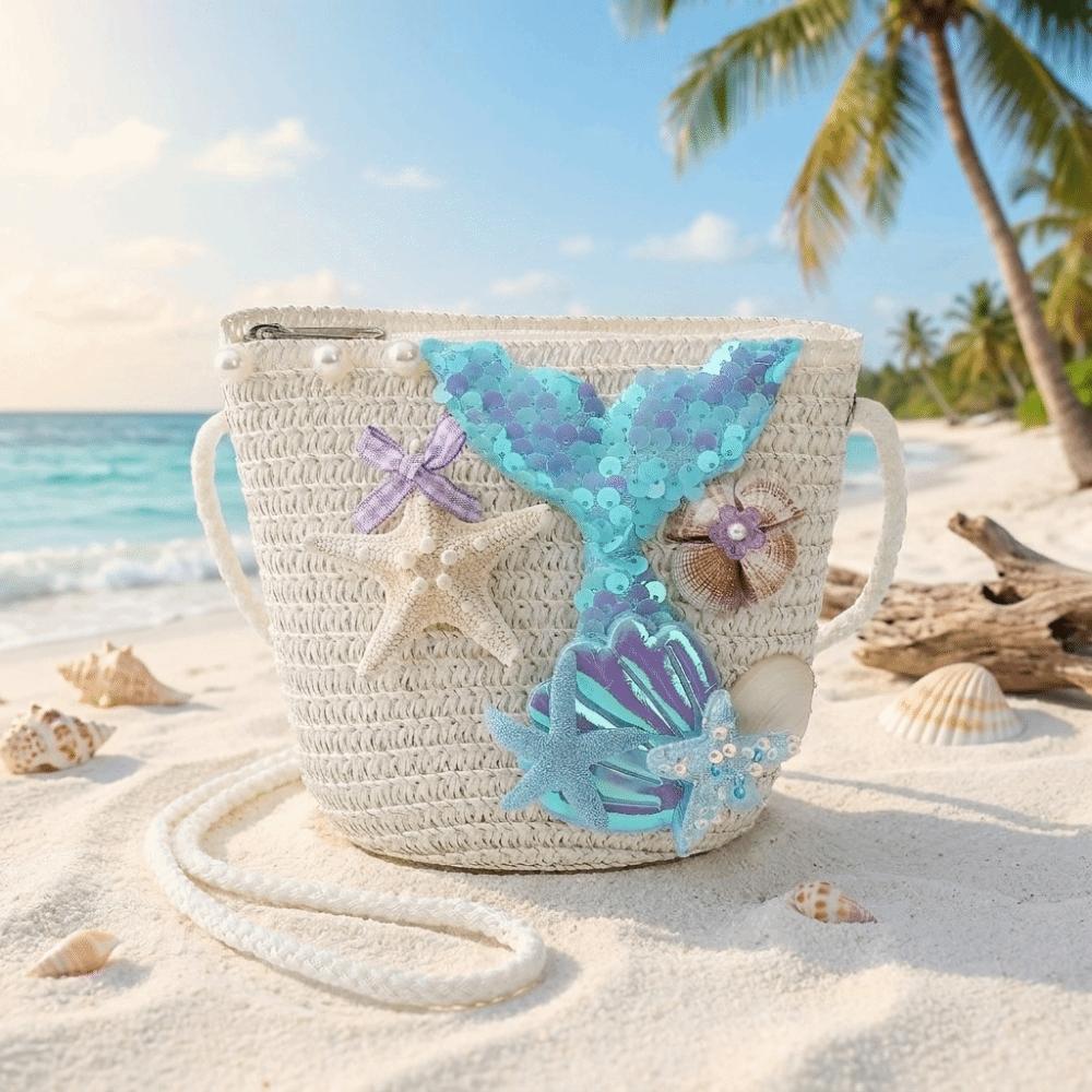 Straw Woven Mermaid Crossbody Bag Breathable Kids Shoulder Bag Fashionable Match Beach Bag Cartoon
