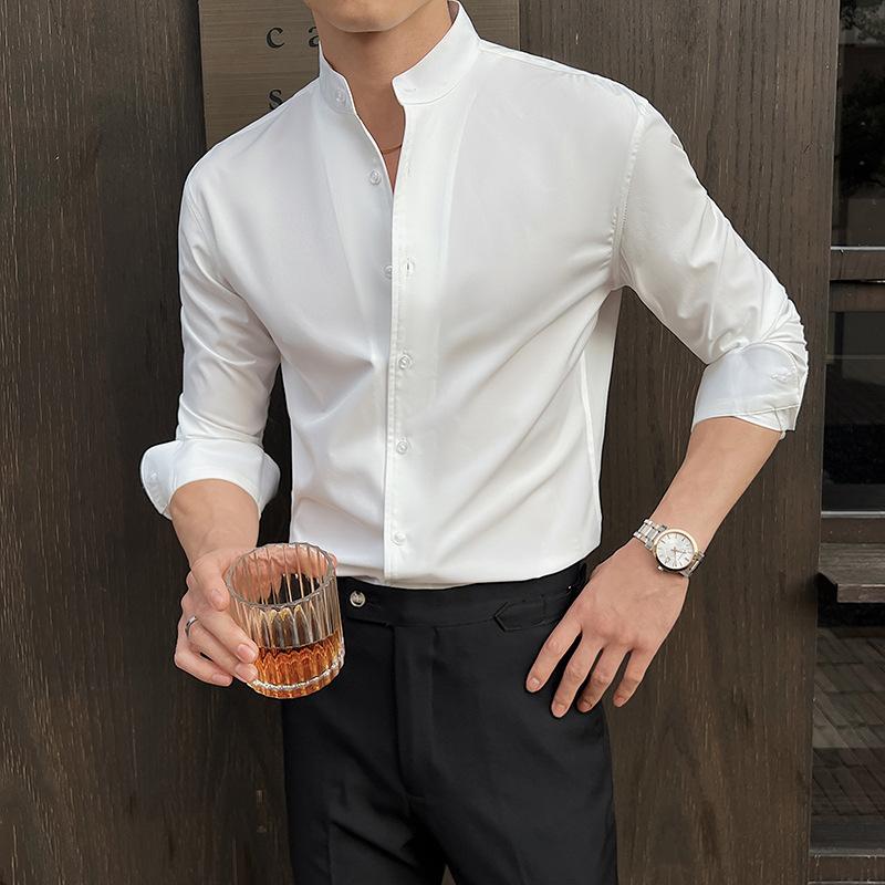 Youth Spring/Autumn Long Sleeve Solid Color Stand Collar Shirt Stretch Drape Shirt