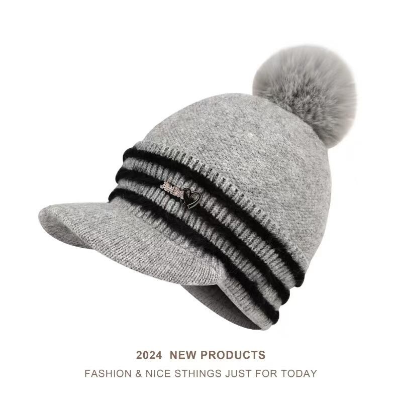 

Зимняя новая полосатая шапка с помпоном, корейская версия, вязаная шапка, для путешествий на открытом воздухе, с флисом, теплая шапка для защиты от холода серый