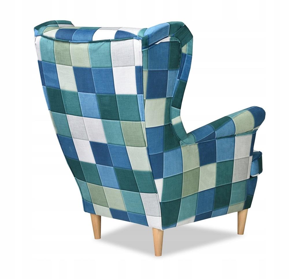 Fotel uszak ARI PRINT skandynawski Family Meble kratka turkus niebiesk