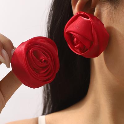Sweet Fresh Style Organza Rose Bud Earrings 5cm 3D Stereo Flower Colorful Design Ear Studs Women Fashion Ear Jewelry