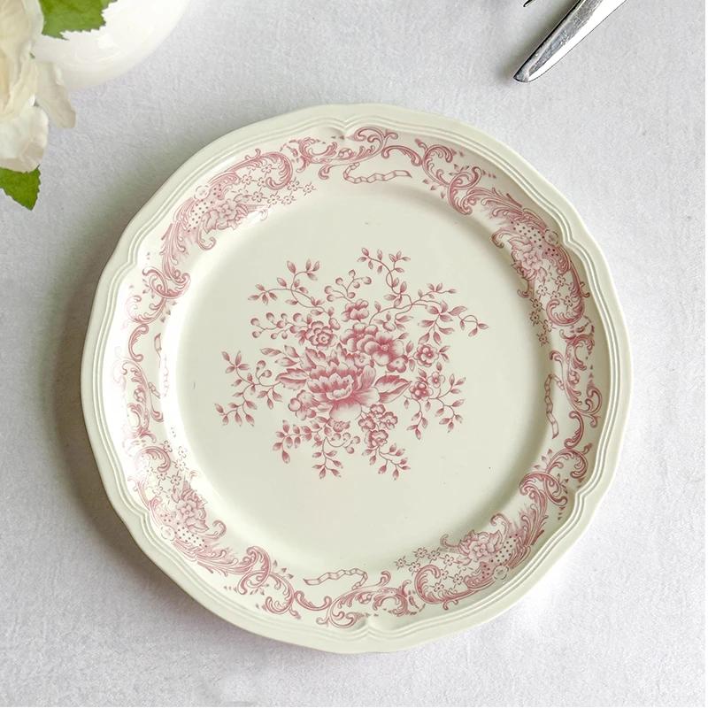 French Style Pink Flower Ceramic Plates Vintage Household Biscuit Bread Dishs High Quality Restaurant Dessert Tableware