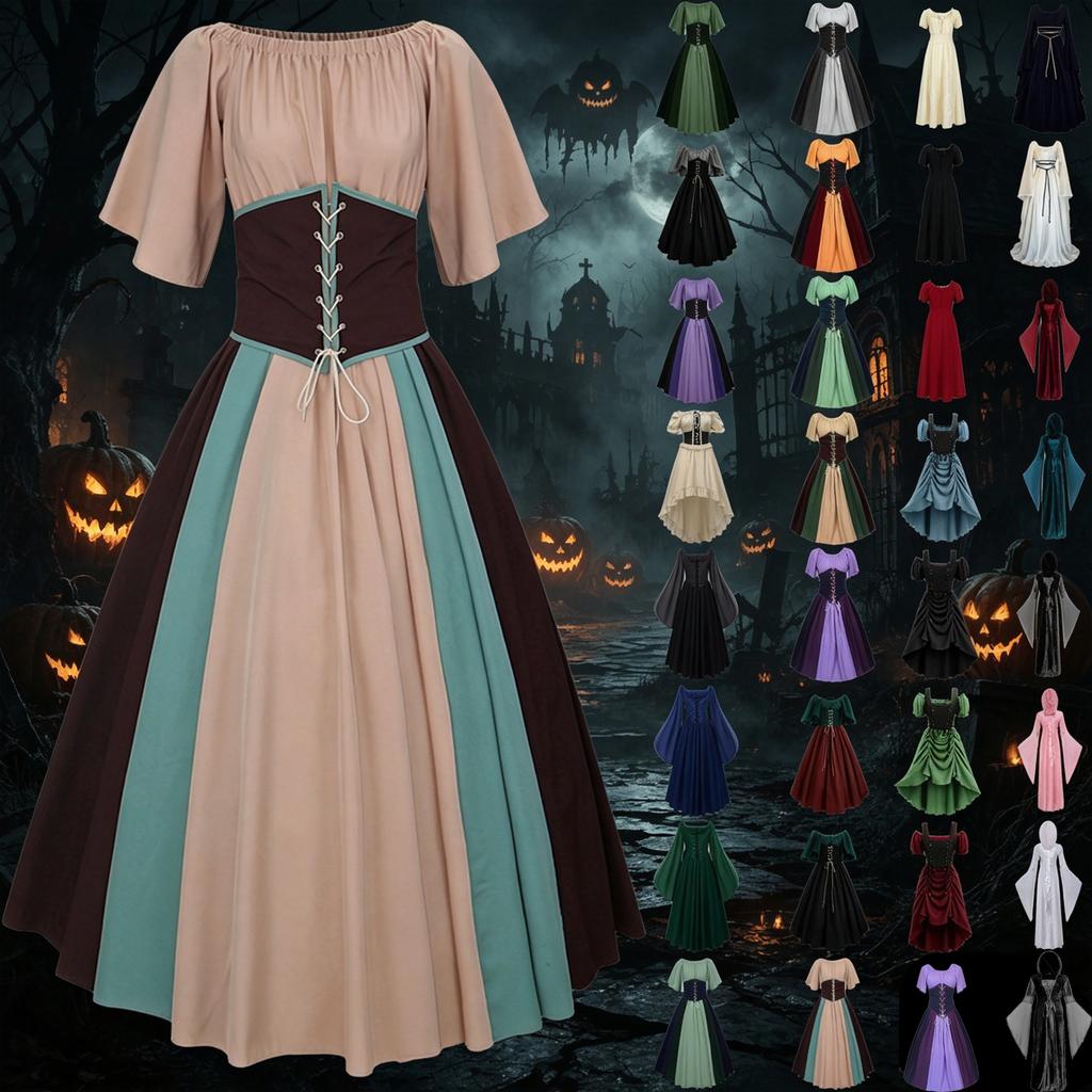 Women's Halloween Off-Shoulder Dress with Color Block Sleeves Tie Waist Belt Set