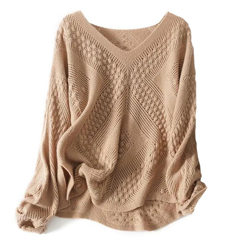 Plus Size Autumn Winter Women Long Sleeve Loose Solid Color Sweater Hollow Out Oversized Pullover Casual Knitted Tops