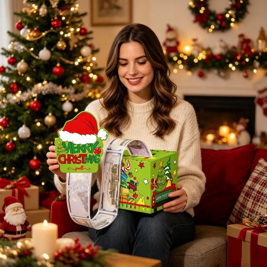 Yousheng Merry Christmas Money Box for Cash Gift Pull, Green Elf Surprise Money Holder with 50 Pcs Transparent Bags for Kids Adults
