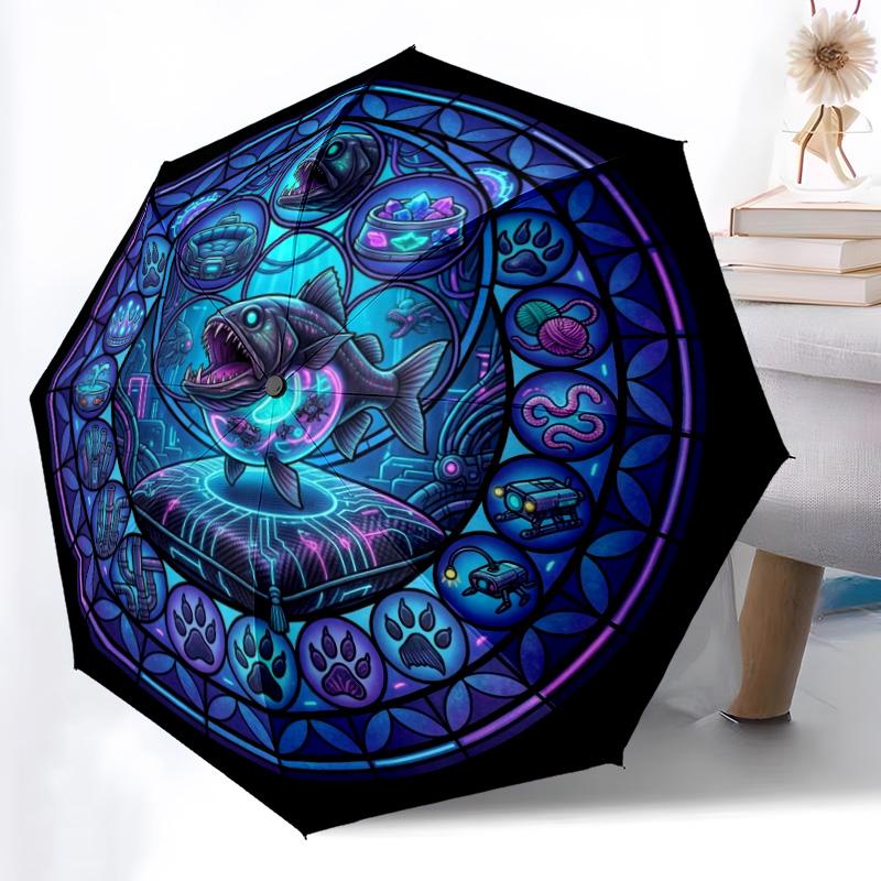 Cybernetic Fish Mandala Pattern Umbrella, Portable and Foldable Design, 8 Ribs, a Casual Accessory for Halloween, Christmas, and Birthday Gifts.