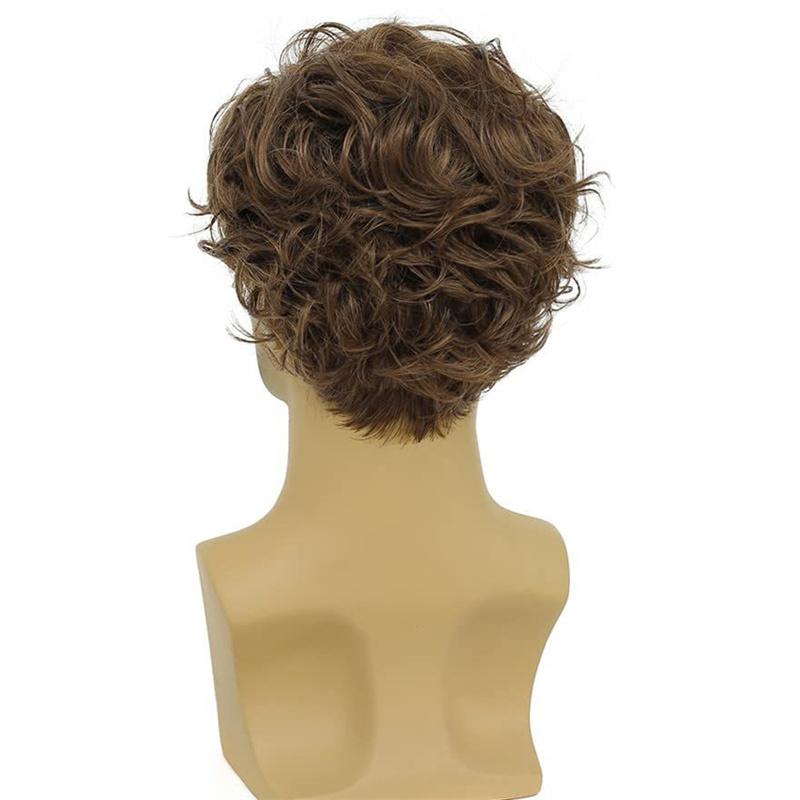 Synthetic Short Curly Wig for Men Brown Mix Blonde Hair Wigs with Bangs Stylish Mens Wig Ombre Heat Resistant Daily Use