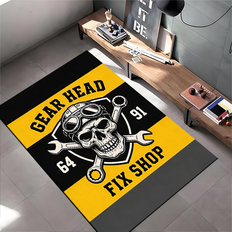 "Gear Head Skull Fix Shop Rug, Yellow Black Industrial Decor 64 91" Suitable for use as an anti-slip for living room bedroom sofas