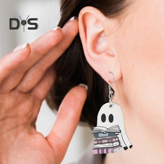 Halloween-Geister-Ohrringe, Holzgeist mit Buch-Ohrringen, Halloween-Party-Schmuck für Frauen, Make-up und Alltagskleidung