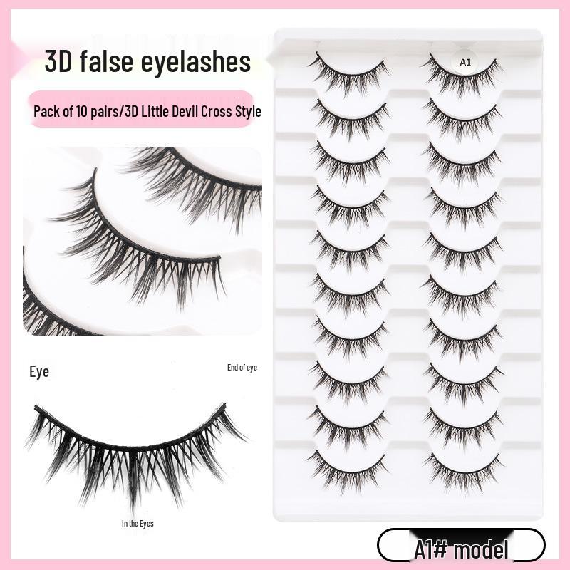 Set of 10 Pairs A1# Barbie Manga Dense Little Devil Black False Eyelashes, Hard Stem, Segmented, Beginner-Friendly.