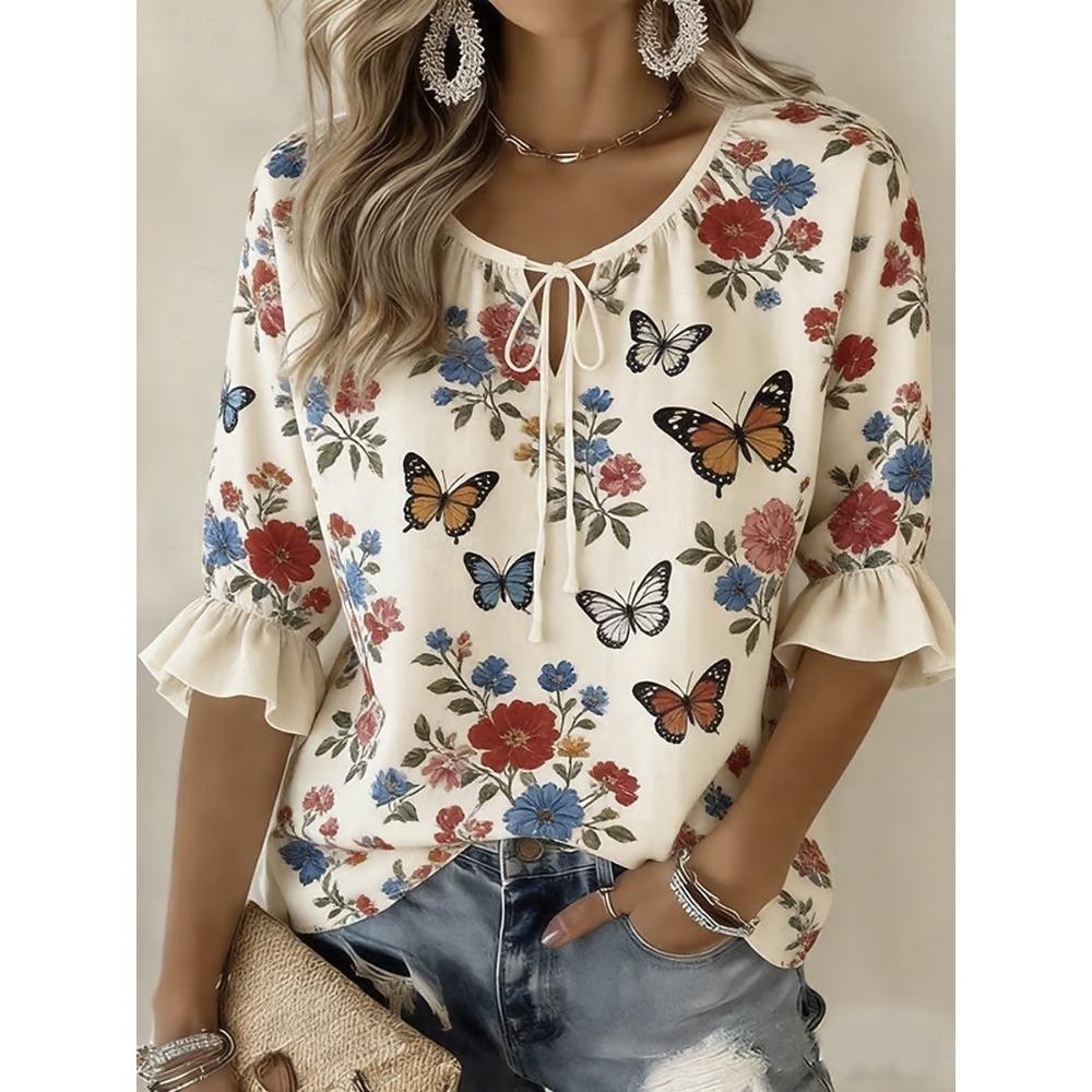 Women's Cream Floral & Butterfly Print Tie Neck Blouse, Casual Loose Tops for Spring Summer Daily Wear & Vacation Occasions