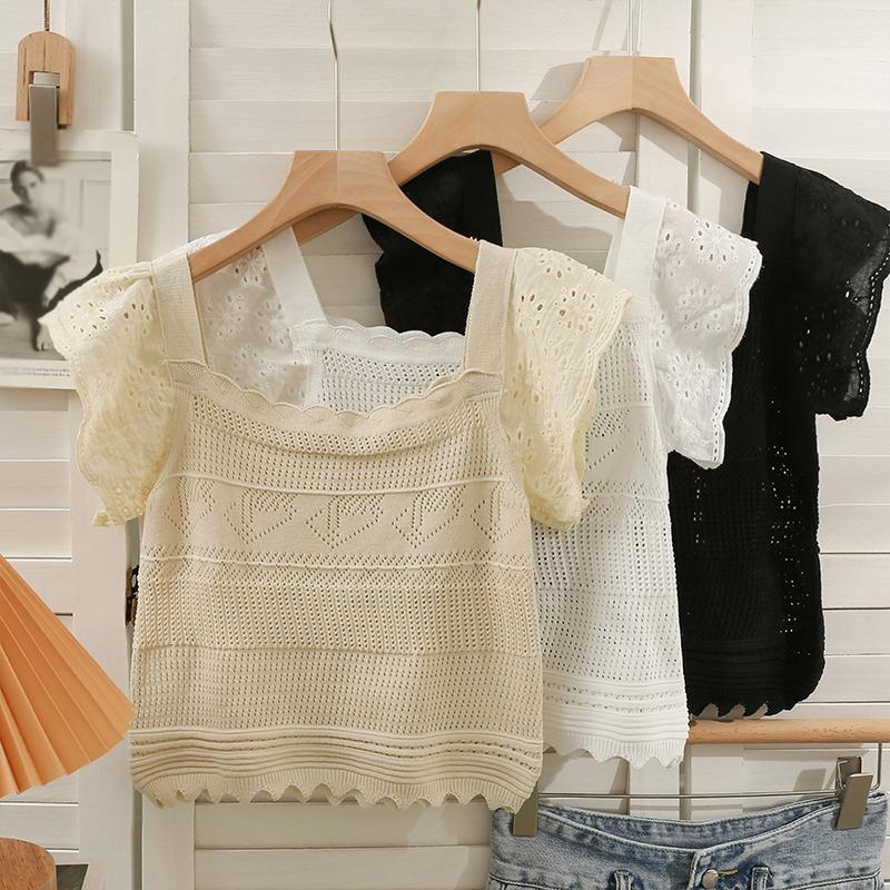 Women's Tops Solid Color Hollowed Out Sweet Square Neck Short Sleeve T-shirt