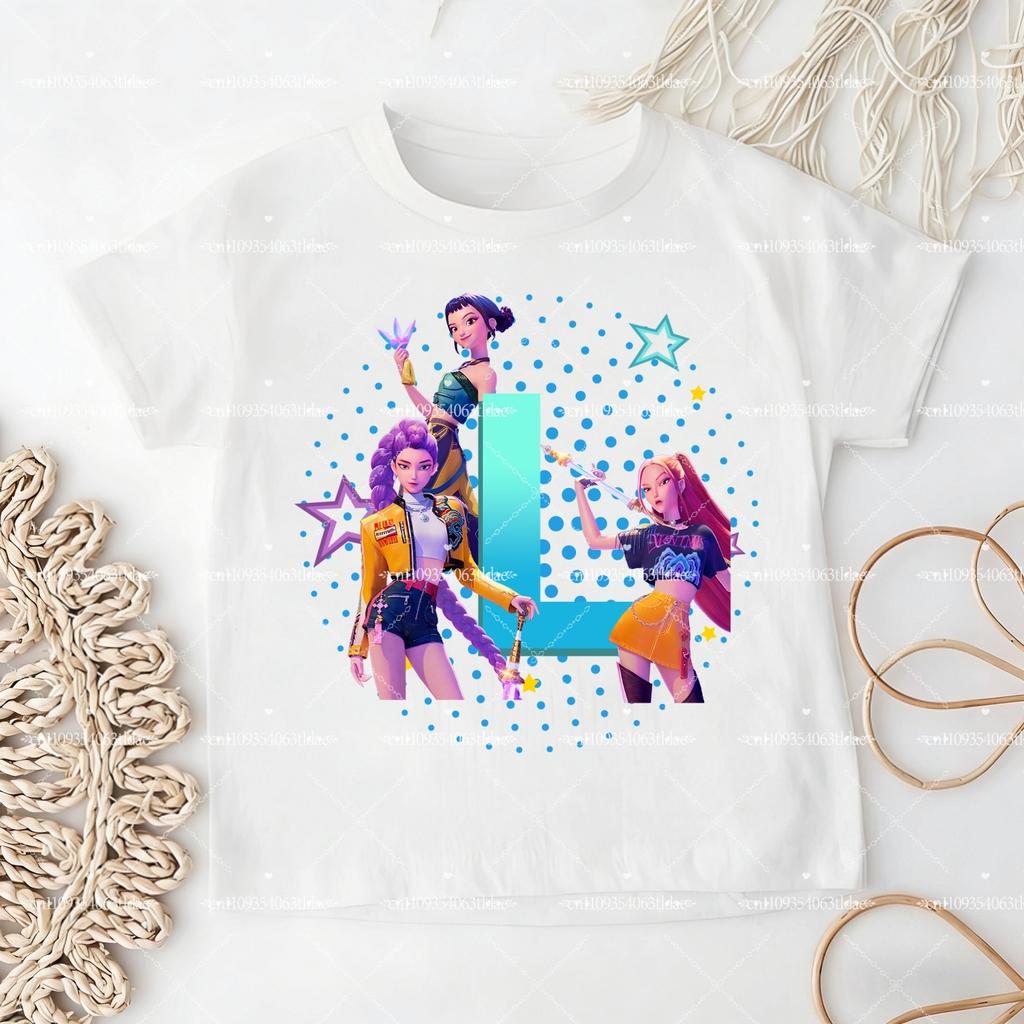 K-pop Demon Hunter Children's Cotton T-shirt for Girls - Sports Shirt - 2026 New Summer Short-Sleeved Casual Top - A-Z Letters