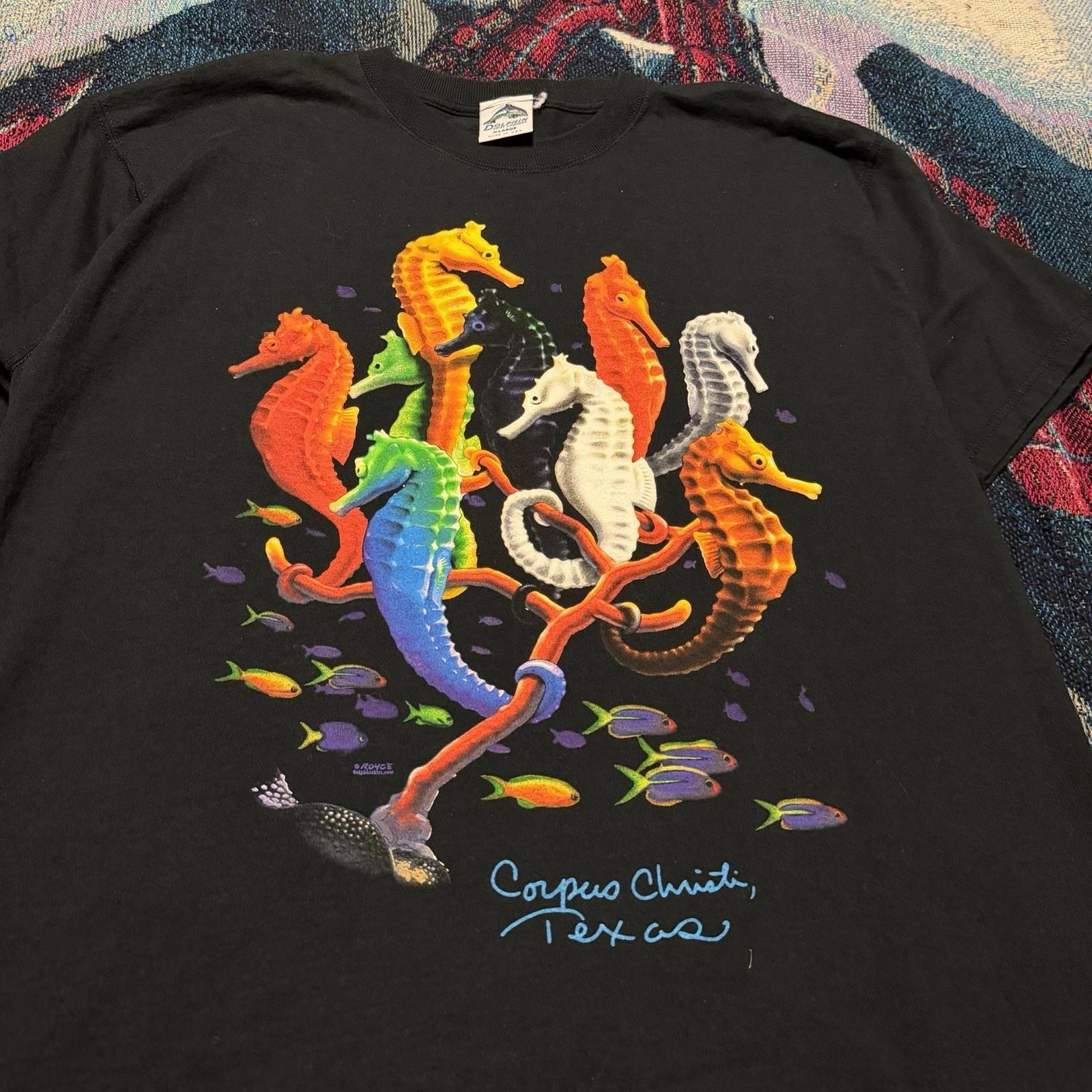 

Vintage 90s Seahorse Dolphin Shirt Black Men s XL Big Print Ocean Nature Horse 4XL