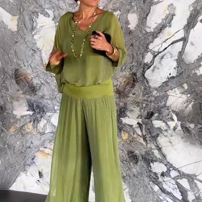 Women's Casual Two Piece Chiffon Outfit Summer V-neck Short Sleeve Top Wide Leg Pants Set Loose Loungewear Suit