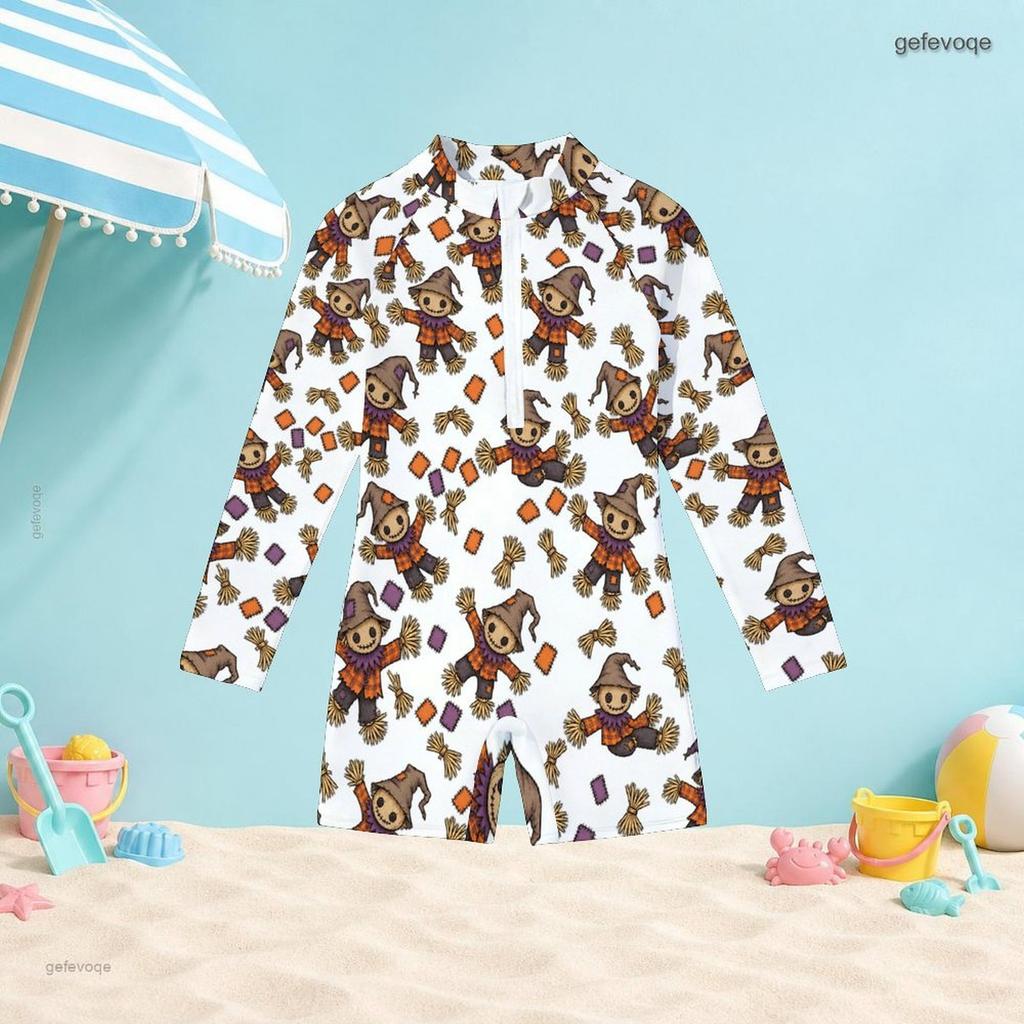 Girls High Neck Long Sleeve Front Zip Cartoon Printed Boyshort One Piece Swimsuit