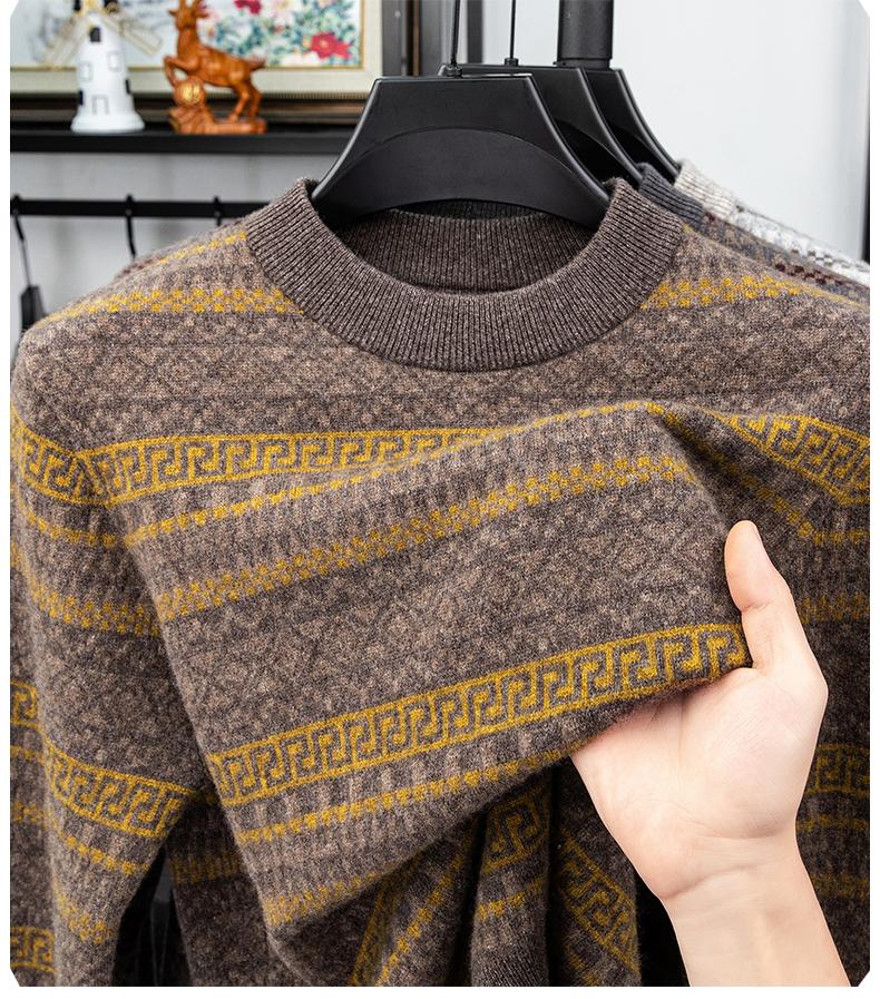 [15% Yak Fleece] Autumn and Winter Retro Round Neck Jacquard Men's Woolen Sweater for Warmth and Contrast Color Inner Coat
