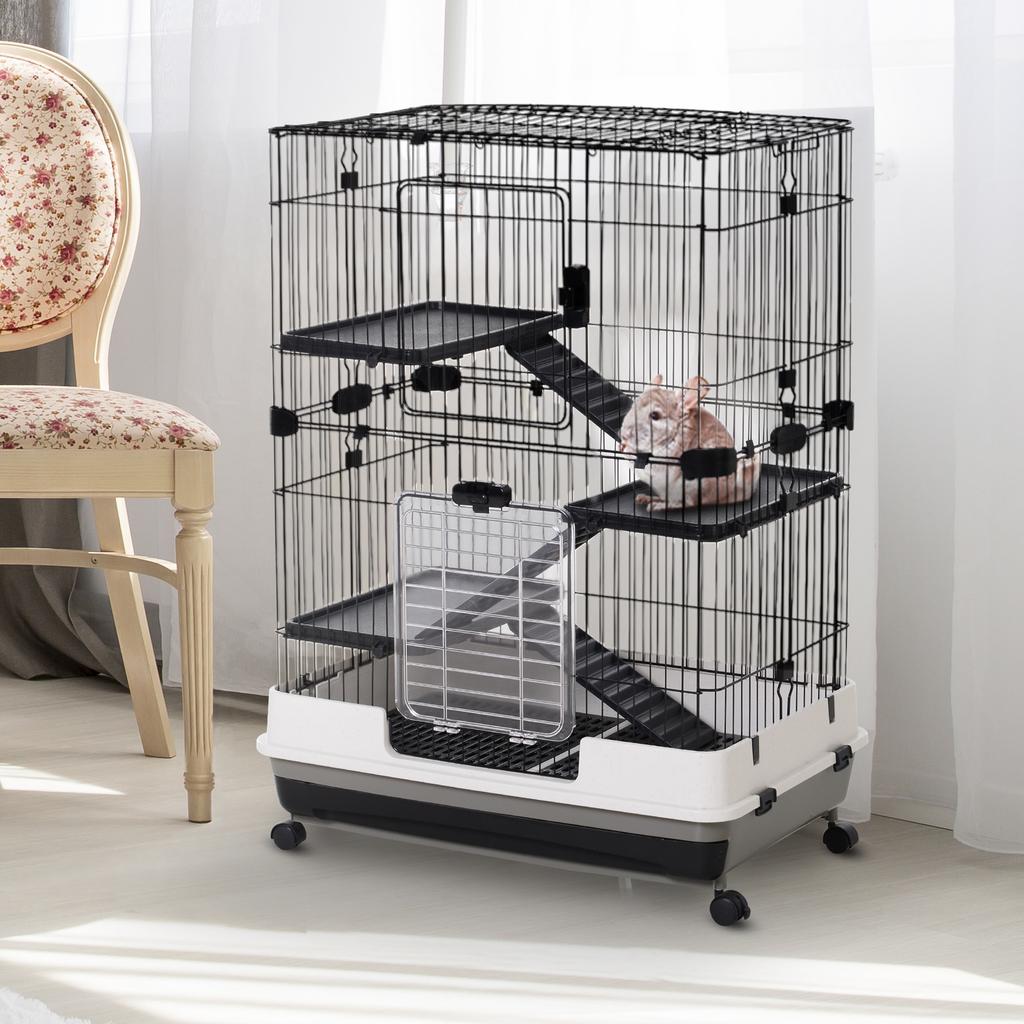 3-Tier Metal Cage with Tray for Rodents, Rabbits and Ferrets with 4 Wheels, 81.2x52.7x114cm, Black