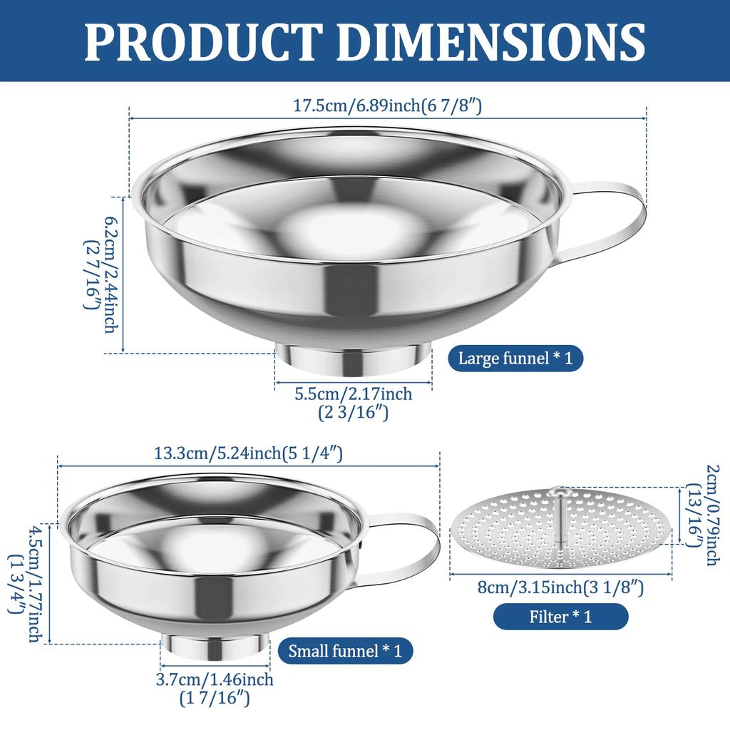3 Packs Stainless Steel Canning Funnels with Strainer Wide Mouth Jar Funnels Kitchen Gadgets for Jam Oil Spice Sugar Flour