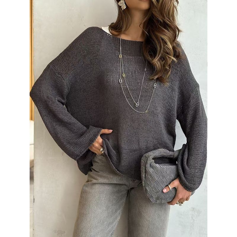 

Western Style New Fashion Long sleeve Knit Women Loose Top Hollow out Loose Knit Top Dark gray L