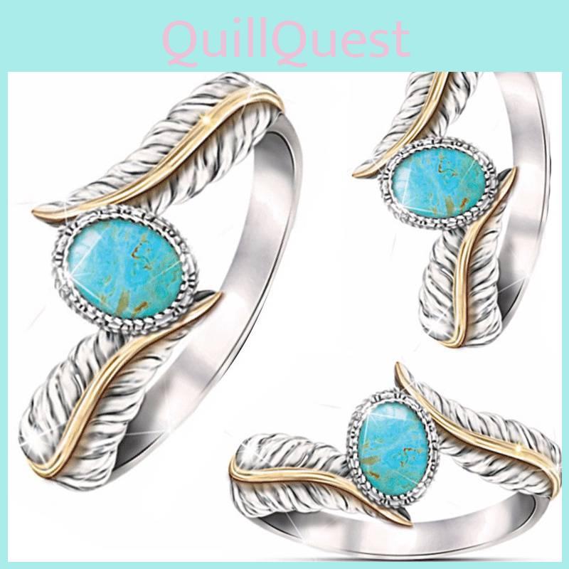 Geometric Turquoise Feather Ring For Women With Alloy Jewelry For Party And Engagement