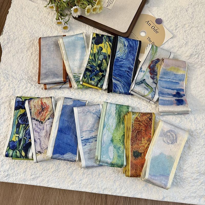Silk Scarf Long Strip High Sense Spring and Summer Versatile Oil Painting Headscarf Headband Tied Bag Streamer Decorative Scarf Multi-purpose Belt