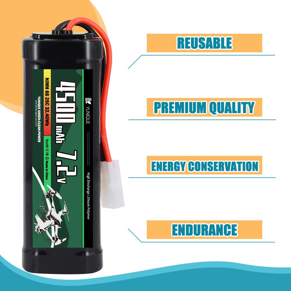 Rechargeable NiMH Battery 7.2V 4500mAh with Tamiya Connector – 6 Cells, Silicone Wire – Power for RC Models