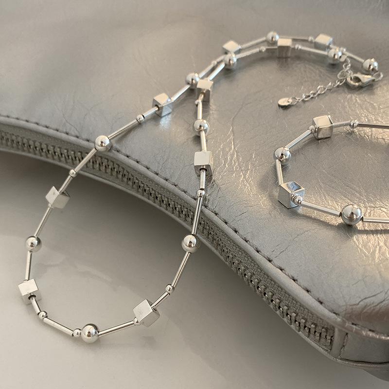 925 Silver Bead Geometry Necklace for Women Girl Korean Design Versatile Choker Jewelry Dropship