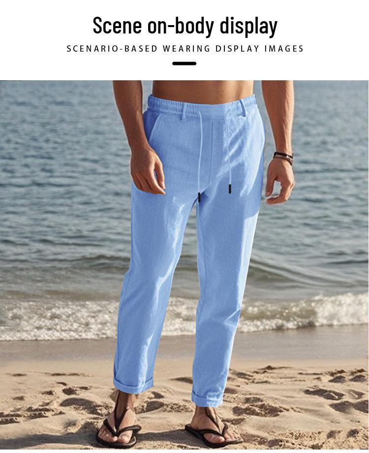 Autumn Men's Thin Casual Lace-up Cotton Linen Drawstring Straight Leg Pants