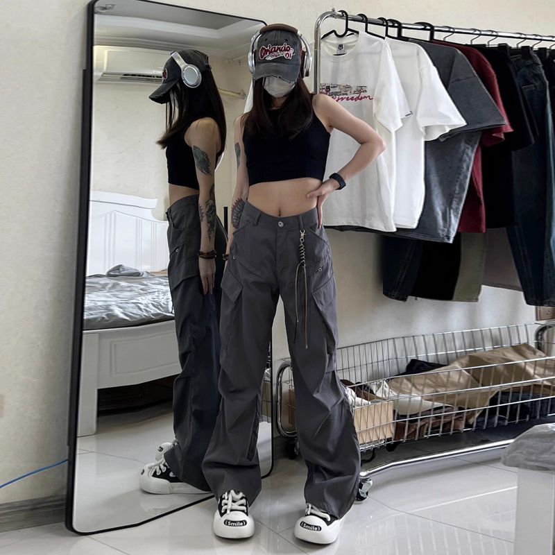 Spring Summer American Style Cargo Pants for Women Loose Hot Girl Inspired Retro Micro Flared Straight Leg Casual Long Trousers
