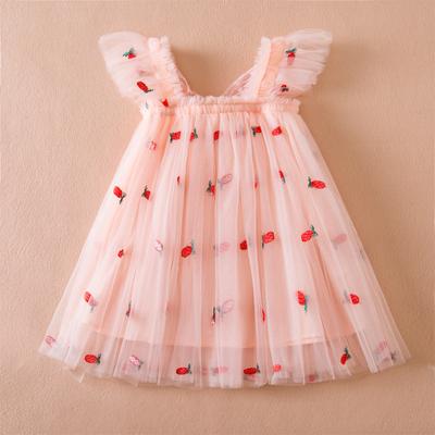 Abito da ragazza 2024 Estate a pois con stampa di cartoni animati Gonna a rete per bambina Abiti gonfiati in tulle da principessa con ali