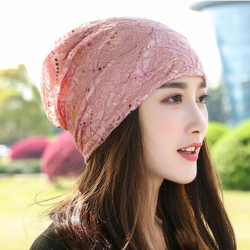 Women's Summer Thin Lace Breathable Head-Wrapping Hat Headscarf Hat Pull-On Hat Air-Conditioned Hat Bald Head Slouchy Hat Sleep Cap