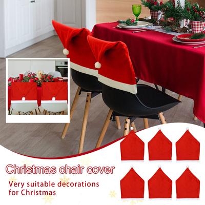 Housses de Chaise de Noël Lot de 6, Housses de Dossier de Chaise Chapeau Rouge et Blanc pour Festival de Vacances de Noël Intérieur Cuisine Tabourets de Comptoir de Bar Décorations Salle à Manger