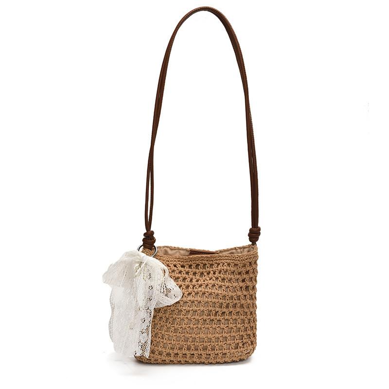 IELGY Ladies Bucket Bag Summer Hand-Woven Stitching Bag Beach Vacation Shoulder Bag No Pendant