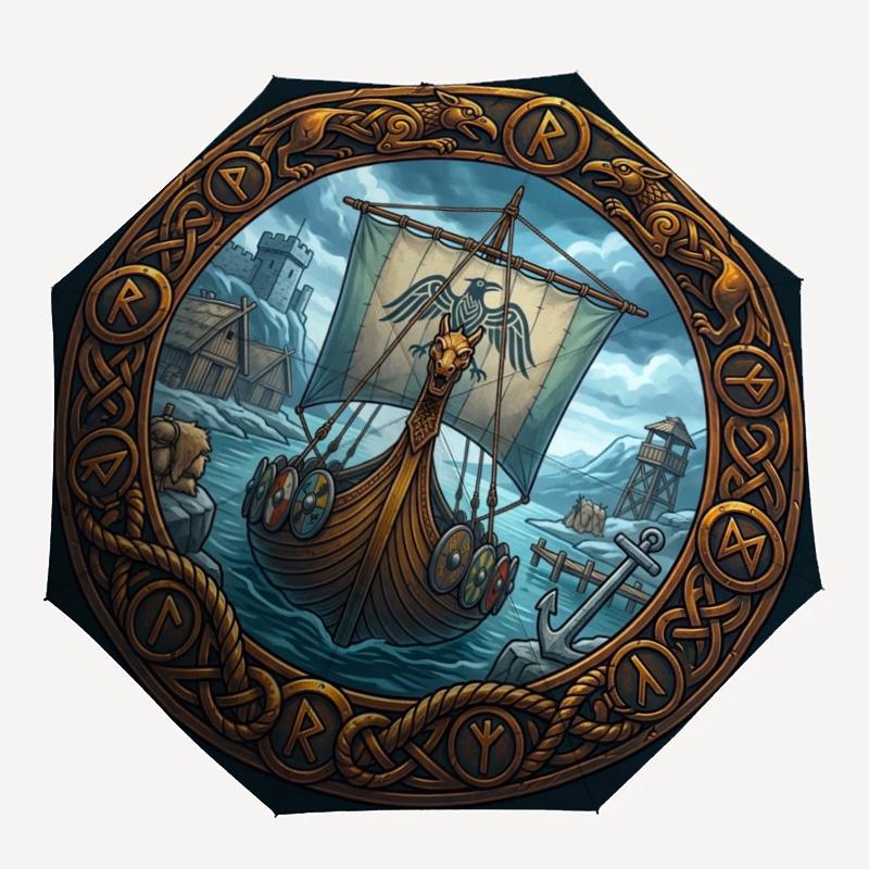Ship Adventure pattern umbrella, portable and foldable design, 8 ribs, a casual accessory for Halloween, Christmas, and birthday gifts.