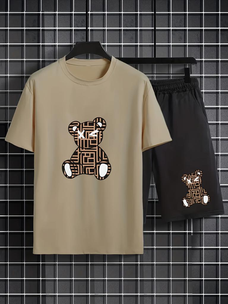 Summer Men's Fashion Casual Sports Set Loose-Fit Trendy Doll Graffiti Print Crew Neck Short Sleeve Two-Piece Set with Shorts