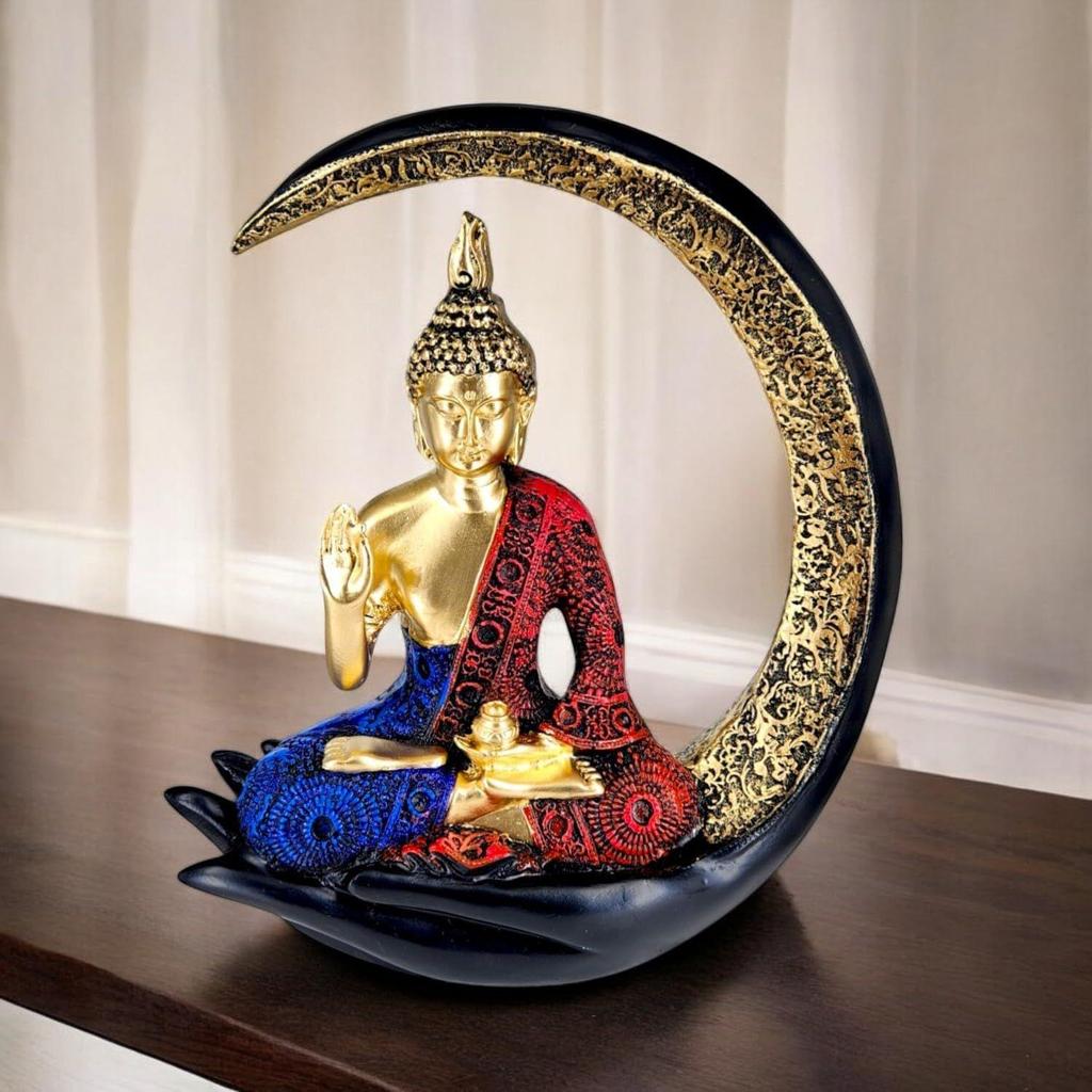 Decorative Buddha Idol for Home | Resin Meditating Buddha Statue In Moon Frame | Spiritual Showpiece