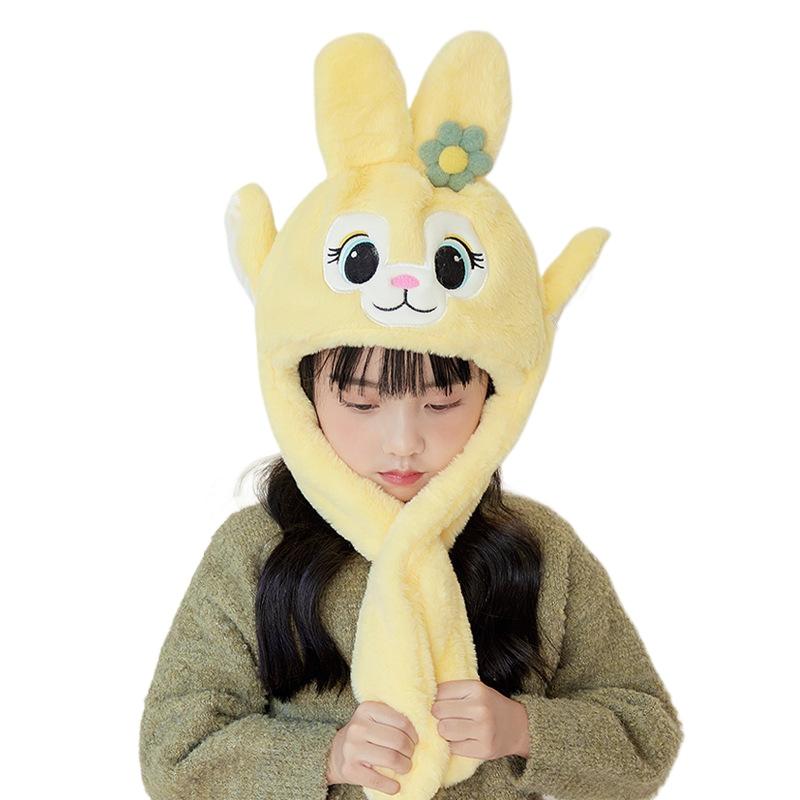 Children's hats, ears move, cartoon rabbit scarves, all-in-one hats, boys and girls, winter ear protectors, pullovers.