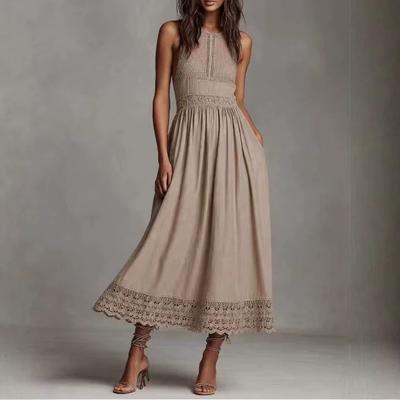 European and American Retro Hollow Lace Linen Medium and Long Dress, Neck Sleeveless High Waist Loose and Thin Holiday Dress