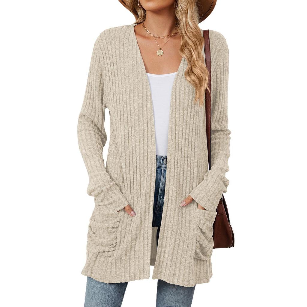 Autumn and Winter New Ladies Knitted Pockets Long-sleeved Casual Cardigan Jacket Long Cardigan Women Tops Kawaii Sweater